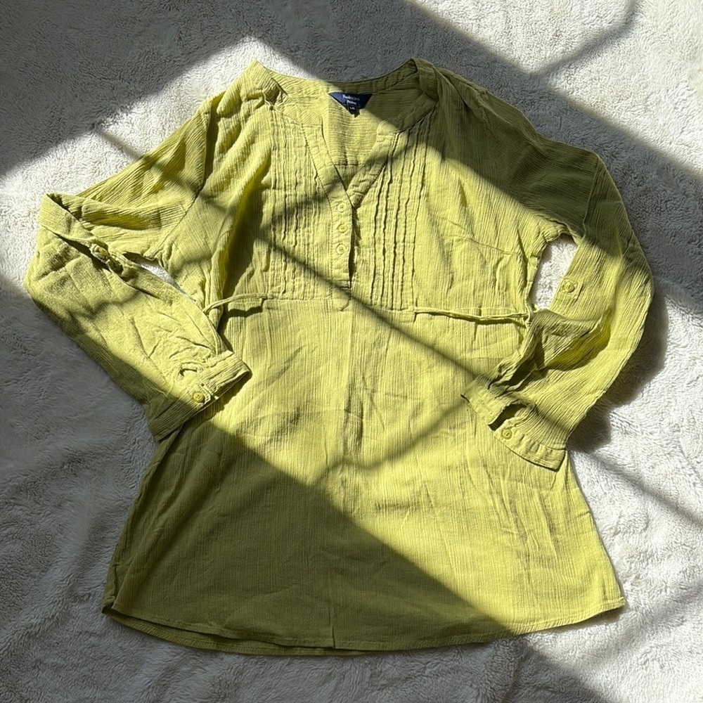 Reitmans Chartreuse Tunic Size Large Petite | Boho Style | Pin-Tuck Blouse | - Picture 3 of 8